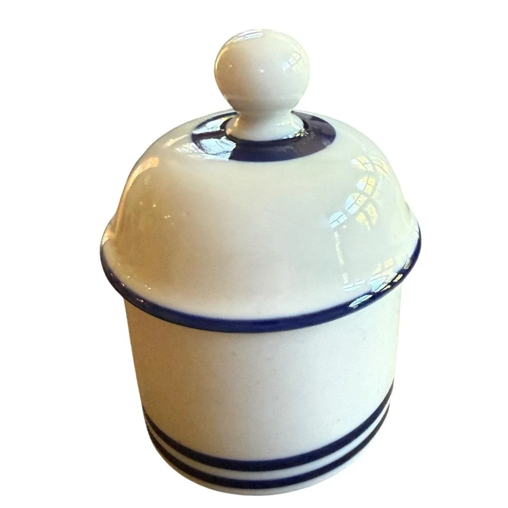 Vintage Dansk Cobalt Blue Stripe Stoneware Mustard Pot with Lid & Spoon Japan